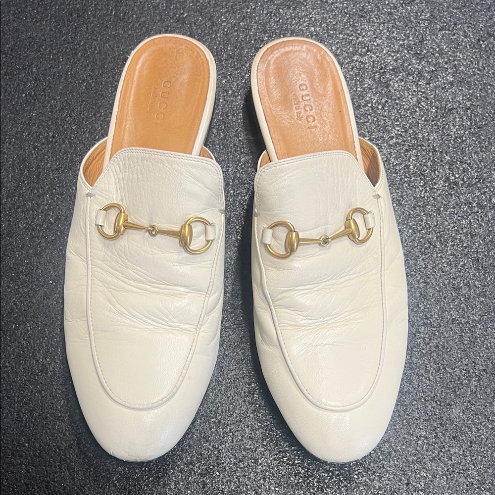 Gucci Cream Leather Horsebit Slip-On Mules